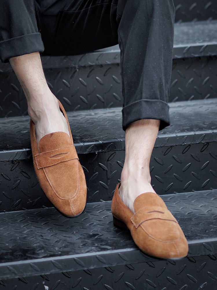 Camel Suede Penny Loafers for Men - Image 6
