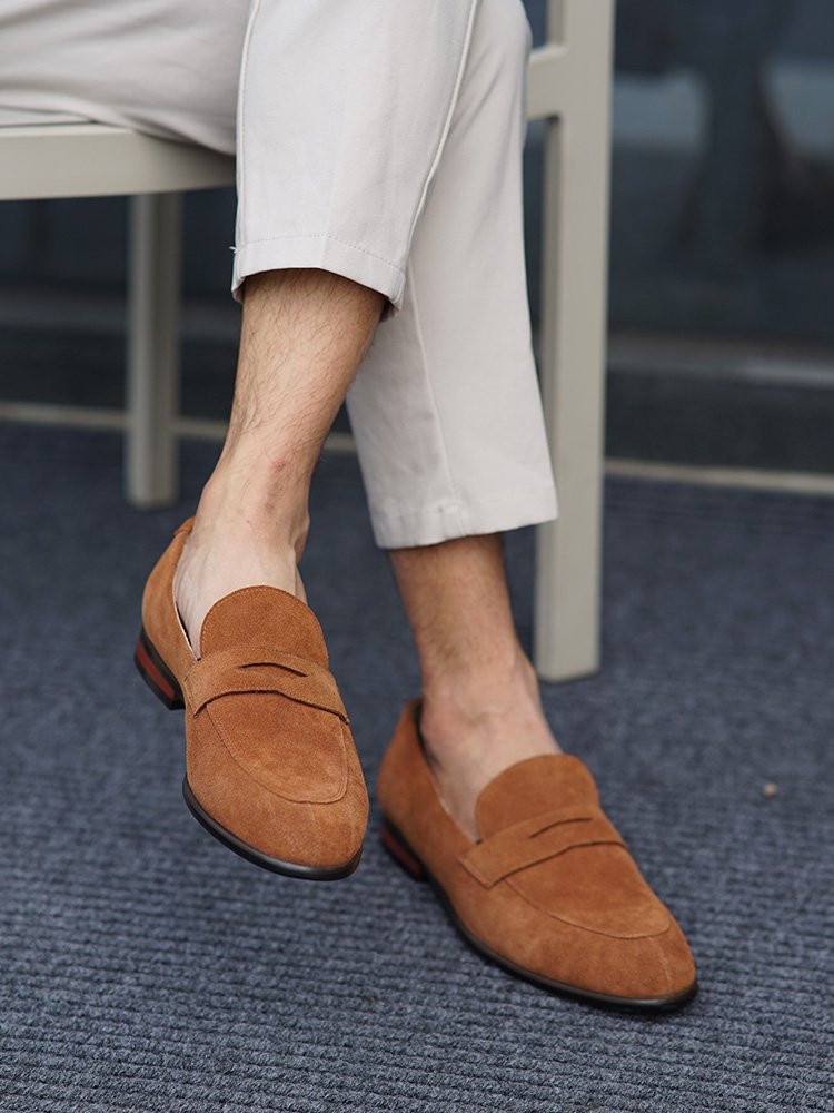 Camel Suede Penny Loafers for Men - Image 4